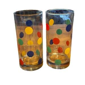 Multicolor Polka Dot Drinking  Glass MCM Vintage Retro Set Of 2 Fun Festive Cute